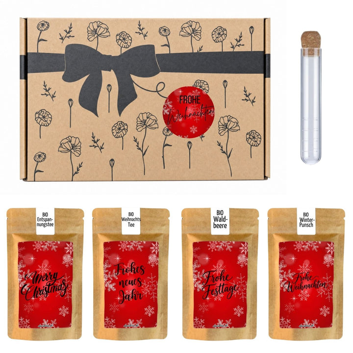 Bio Tee-Geschenkset Weihnachten "Frohe Weihnachten rot II" – 4 Teesorten & Glas-Teesieb