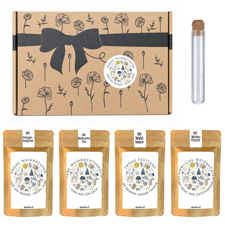 Bio Tee-Geschenkset Weihnachten "Frohe Weihnachten modern" – 4 Teesorten & Glas-Teesieb
