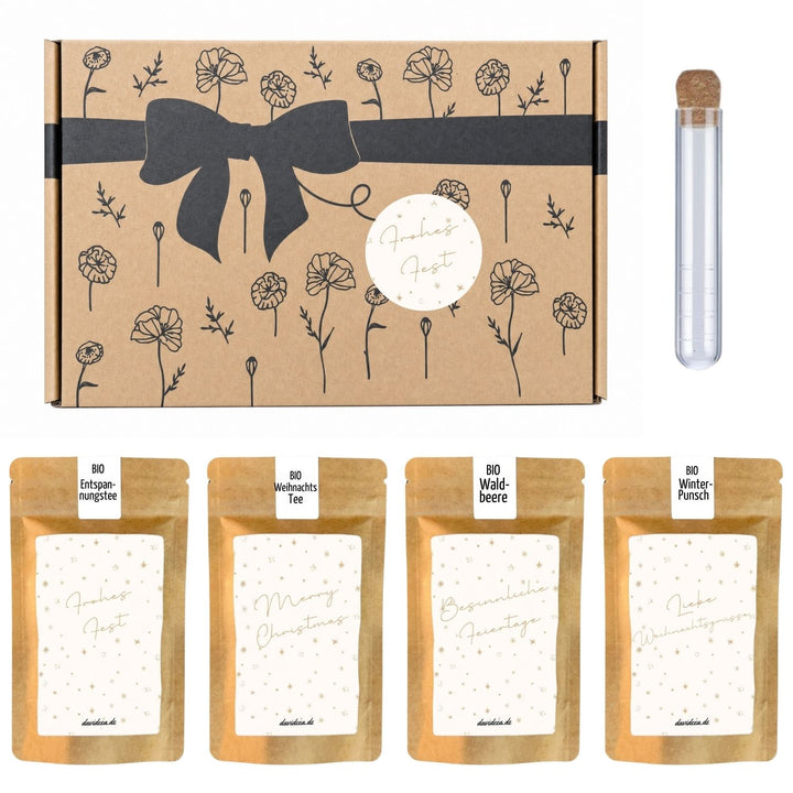 Bio Tee-Geschenkset Weihnachten "Frohes Fest Sterne" – 4 Teesorten & Glas-Teesieb