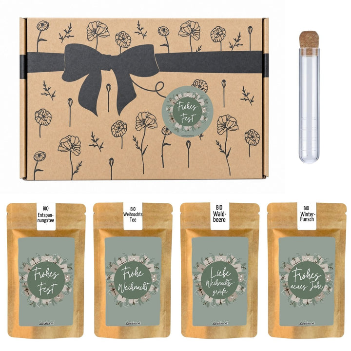 Bio Tee-Geschenkset Weihnachten "Frohes Fest Grün" – 4 Teesorten & Glas-Teesieb