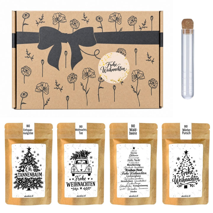 Bio Tee-Geschenkset Weihnachten "Frohe Weihnachten Klassisch" – 4 Teesorten & Glas-Teesieb