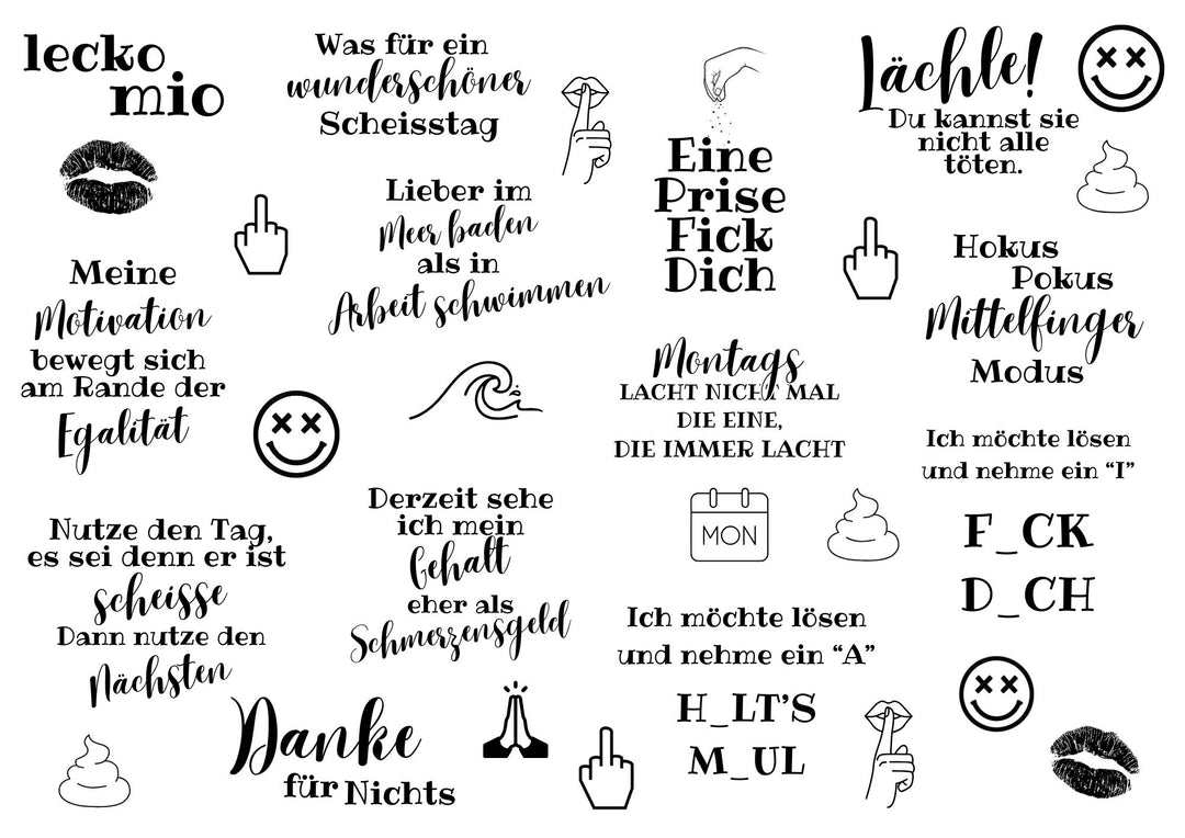 A4 Rub-on Folie "Lustige Sprüche schwarz" – selbstklebende Transfers für Tassen, Flaschen & Deko
