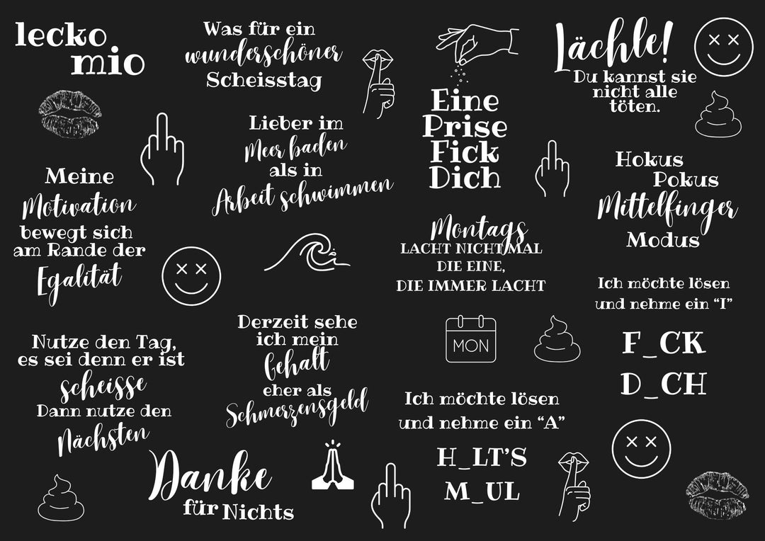 A4 Rub-on Folie "Lustige Sprüche weiß" – selbstklebende Transfers für Tassen, Flaschen & Deko