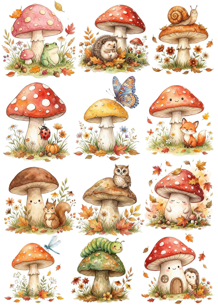 A4 Rub-on Folie "Herbst Pilze" – selbstklebende Transfers für Tassen, Flaschen & Deko
