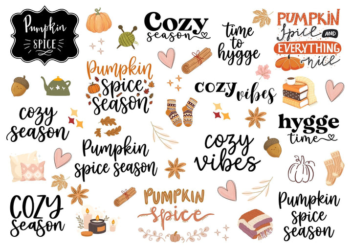 A4 Rub-on Folie "Herbst - Cozy Season + Pumpkin Spice" – selbstklebende Transfers für Tassen, Flaschen & Deko