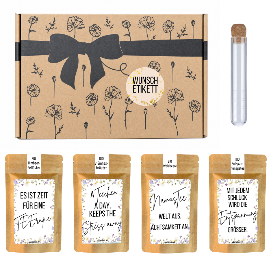 Bio Tee-Geschenkset "Danke, dass du mir beim wachsen geholfen hast" – 4 Teesorten & Glas-Teesieb