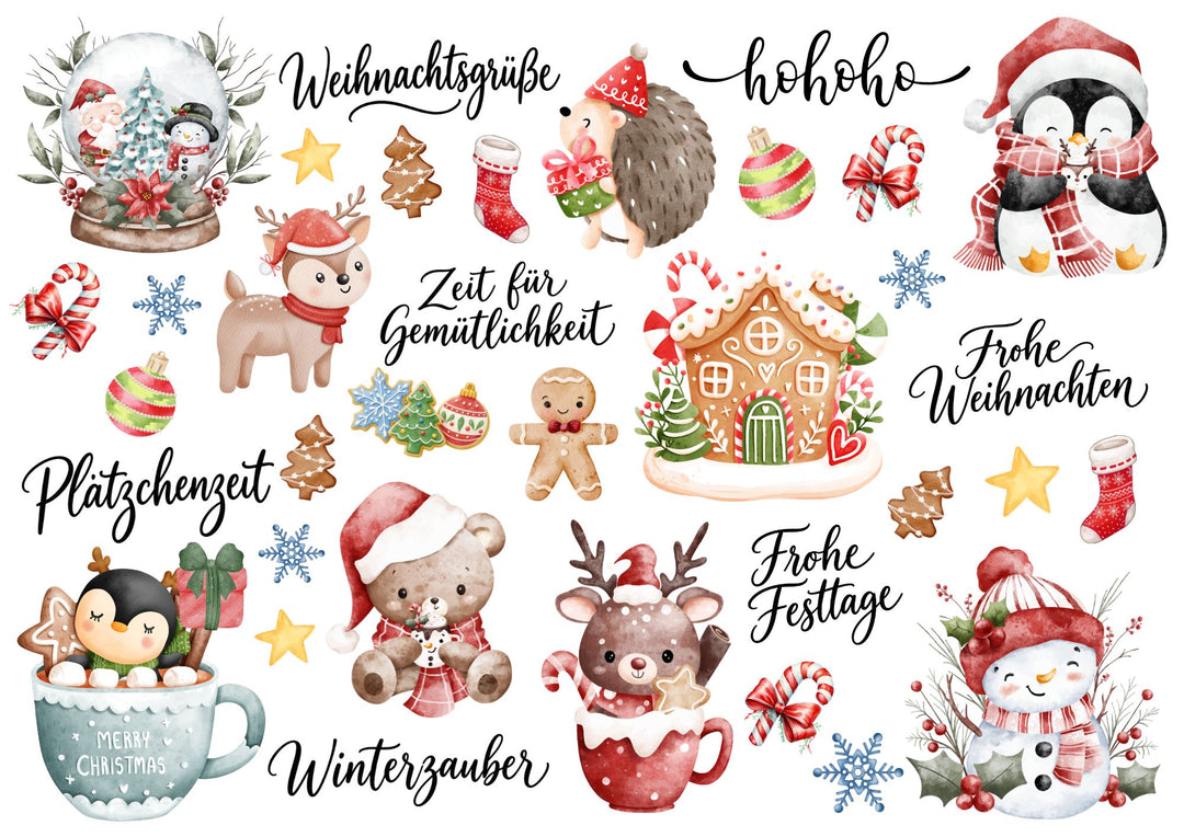 A4 Rub-on Folie "Weihnachten bunt I" – selbstklebende Transfers für Tassen, Flaschen & Deko
