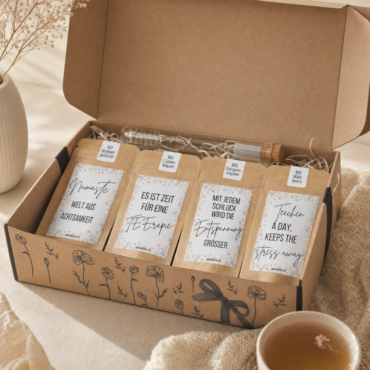 Bio Tee-Geschenkset "Danke, dass du mir beim wachsen geholfen hast" – 4 Teesorten & Glas-Teesieb