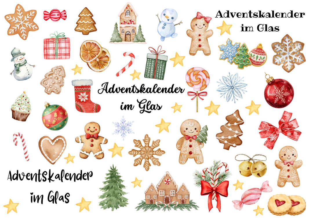 A4 Rub-on Folie "Adventskalender im Glas (bunt)" – selbstklebende Transfers für Tassen, Flaschen & Deko