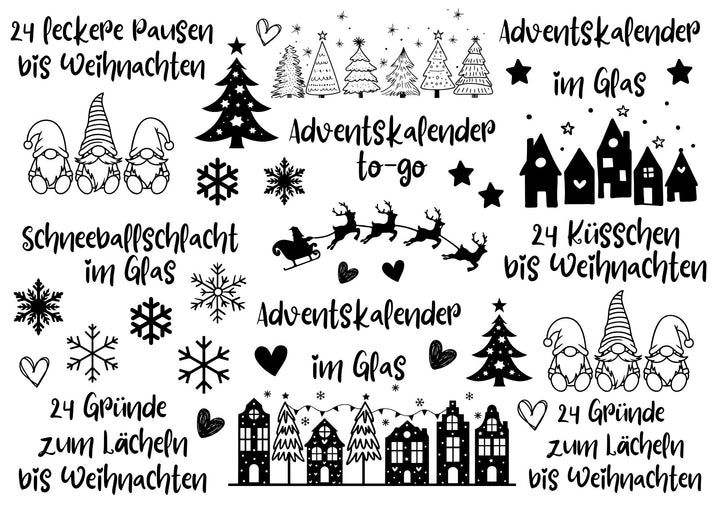 A4 Rub-on Folie "Adventskalender im Glas (schwarz)" – selbstklebende Transfers für Tassen, Flaschen & Deko