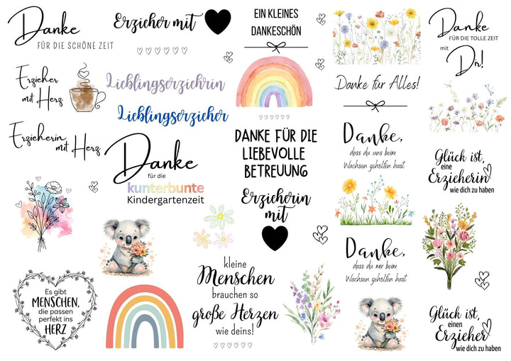 A4 Rub-on Folie "Kita-Abschied/Erzieherin mit Herz" – selbstklebende Transfers für Tassen, Flaschen & Deko (Kopie) (Kopie)