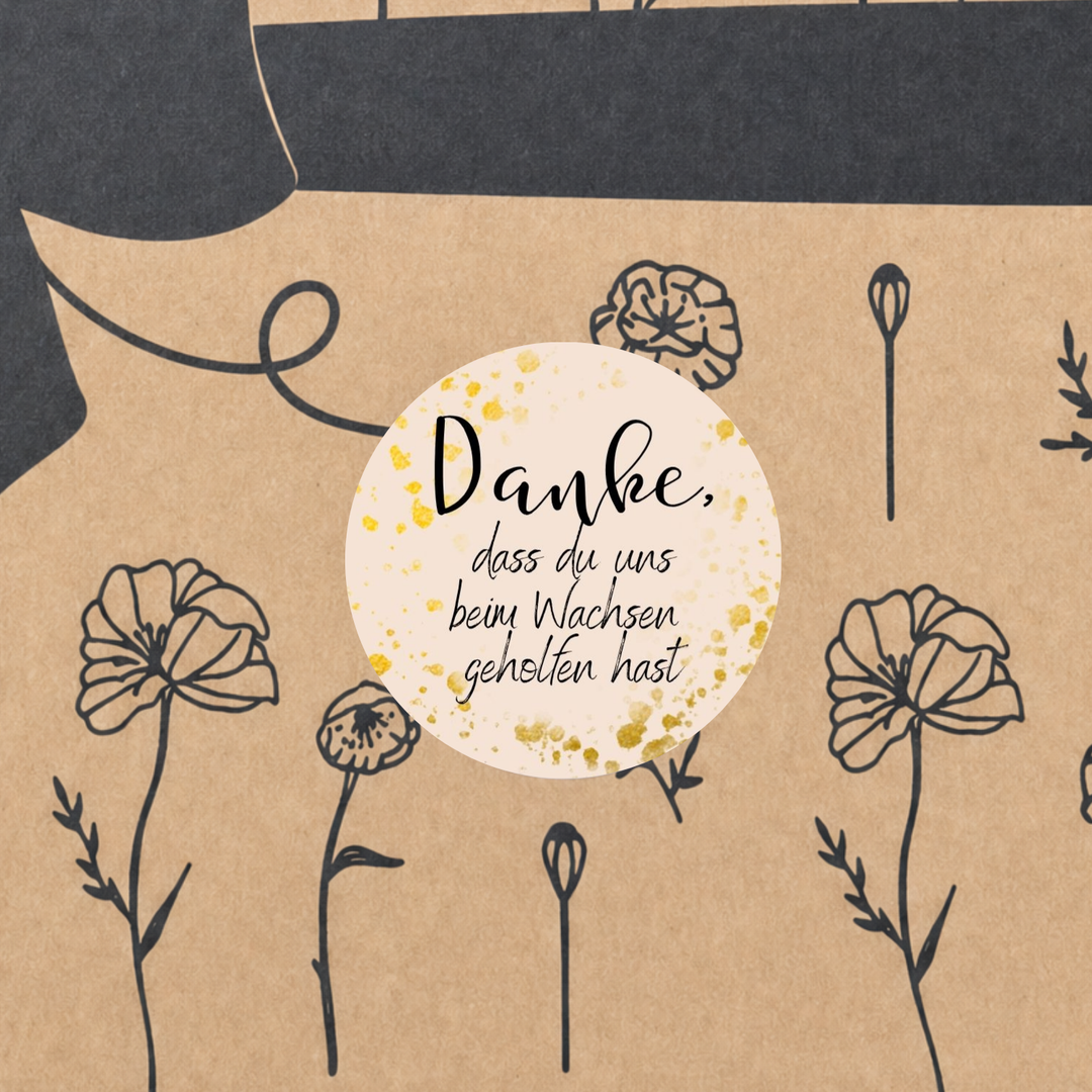 Bio Tee-Geschenkset "Danke, dass du uns beim wachsen geholfen hast" – 4 Teesorten & Glas-Teesieb