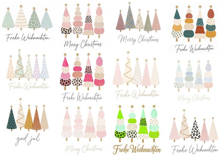 A4 Rub-on Folie "Weihnachtsbäume modern" – selbstklebende Transfers für Tassen, Flaschen & Deko