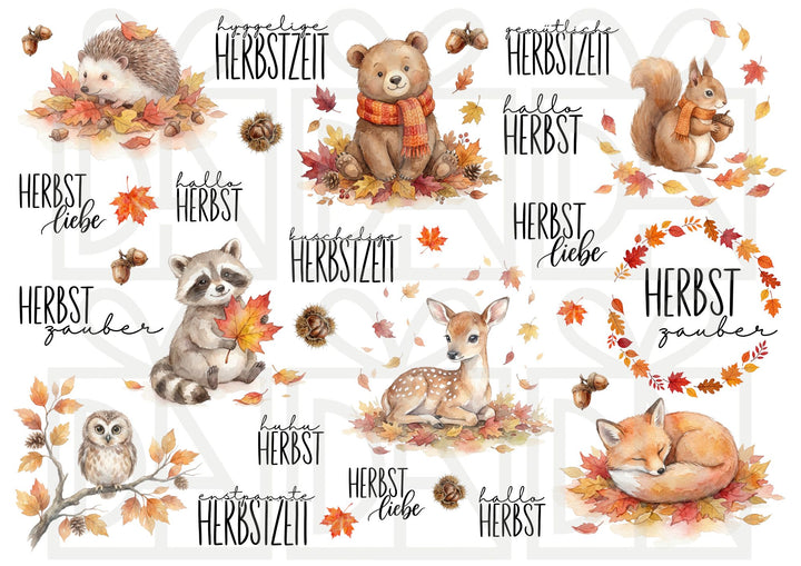 A4 Rub-on Folie "Herbst Tiere" – selbstklebende Transfers für Tassen, Flaschen & Deko
