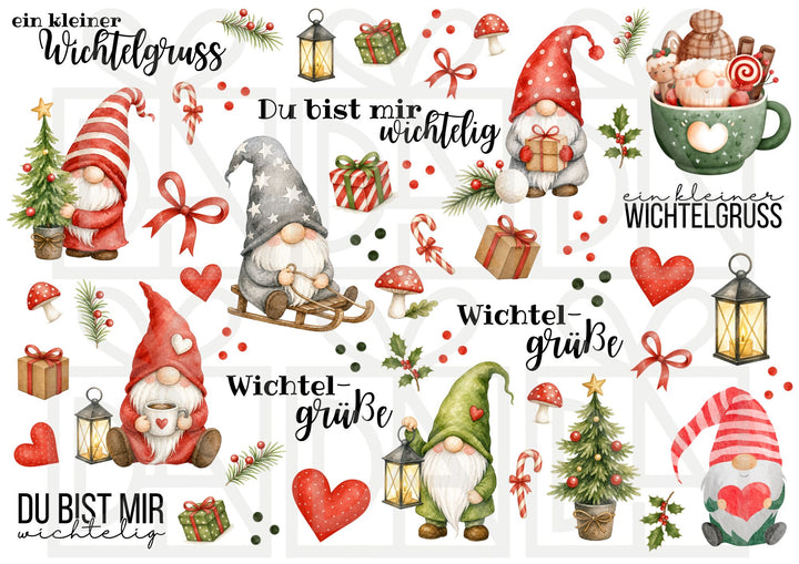 A4 Rub-on Folie "Wichtel Weihnacht" – selbstklebende Transfers für Tassen, Flaschen & Deko
