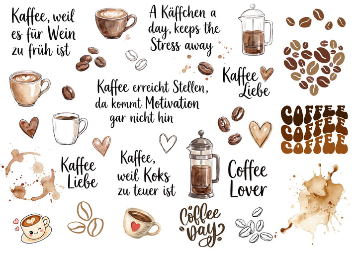 A4 Rub-on Folie "Kaffee Liebe" – selbstklebende Transfers für Tassen, Flaschen & Deko