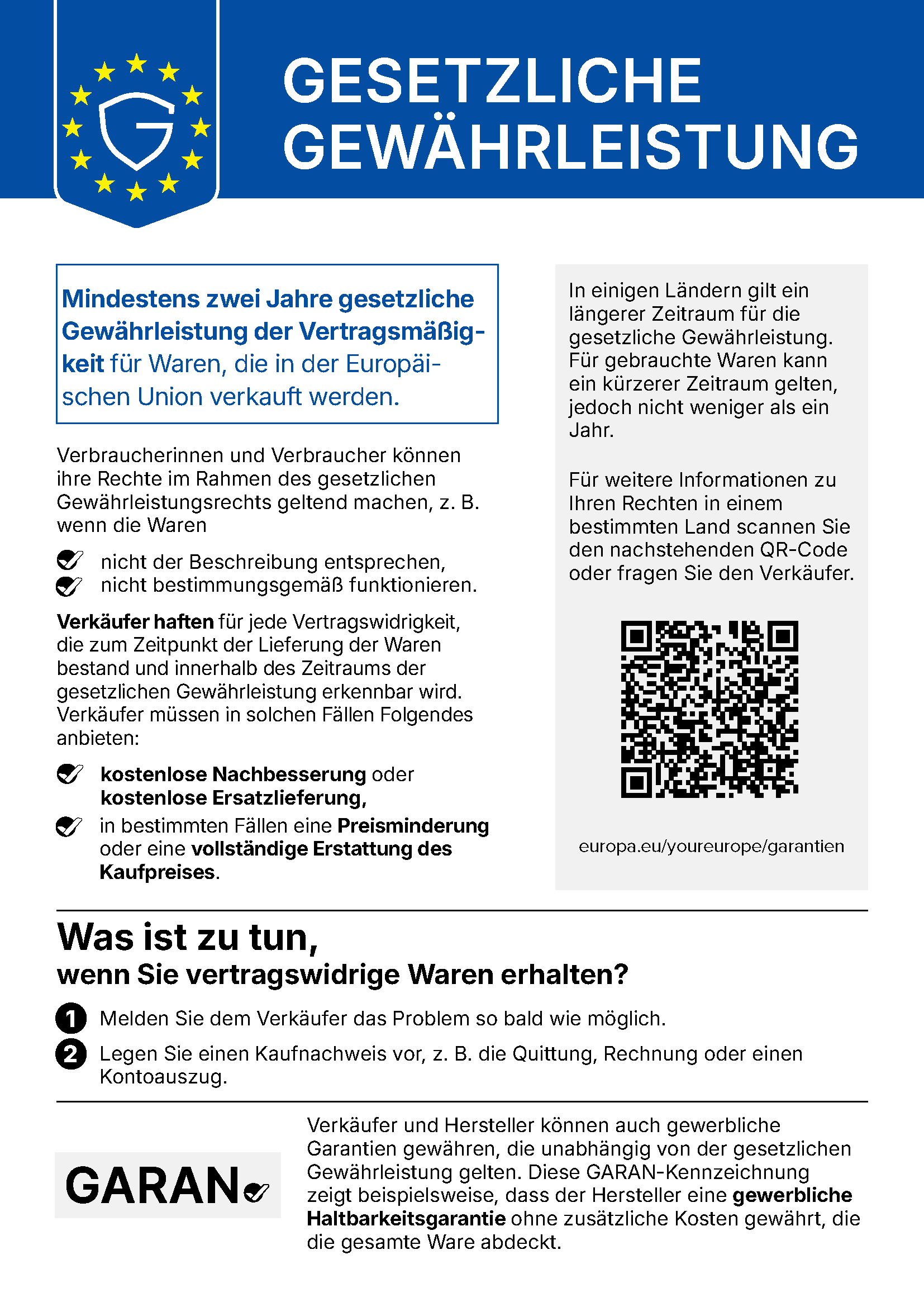 Hinweis zur gesetzlichen Gewährleistung in der EU: mindestens 2 Jahre